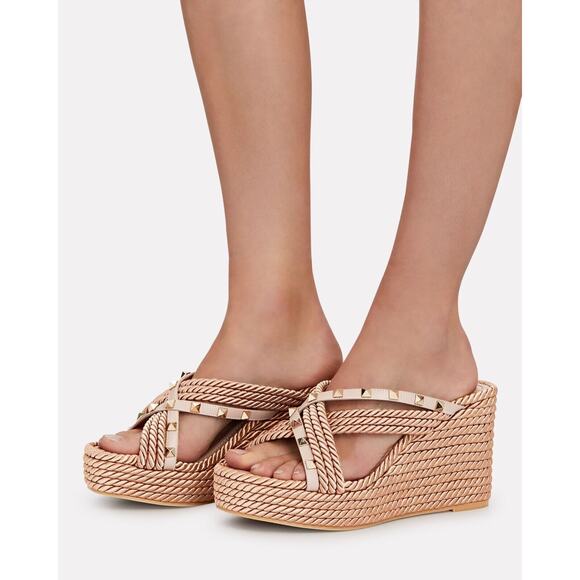 Valentino Rockstud Torchon Poudre Nude Cord Rope Wedge Backless Slide Sandal 41 - Picture 5 of 12